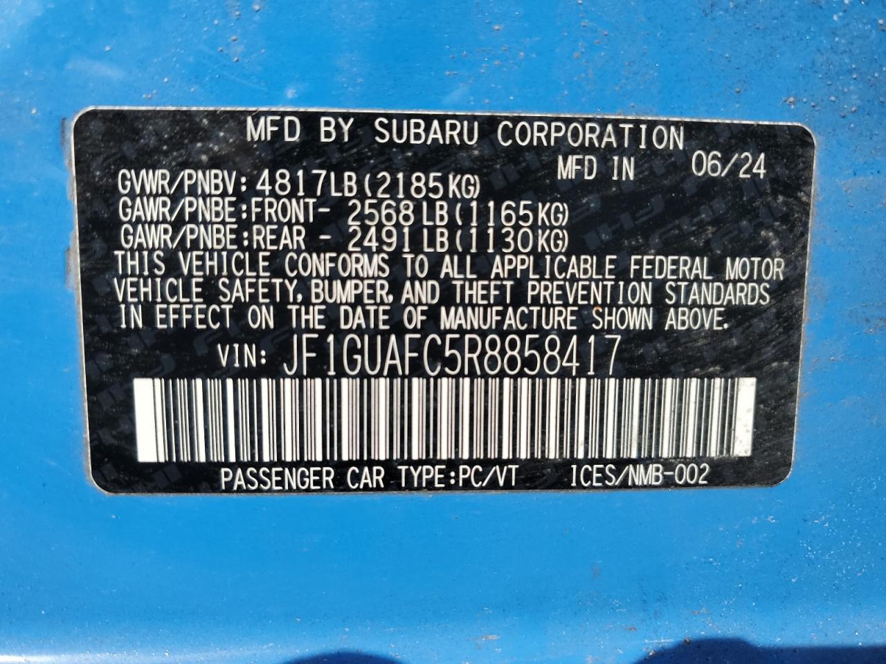 2024 SUBARU IMPREZA SPORT VIN:JF1GUAFC5R8858417