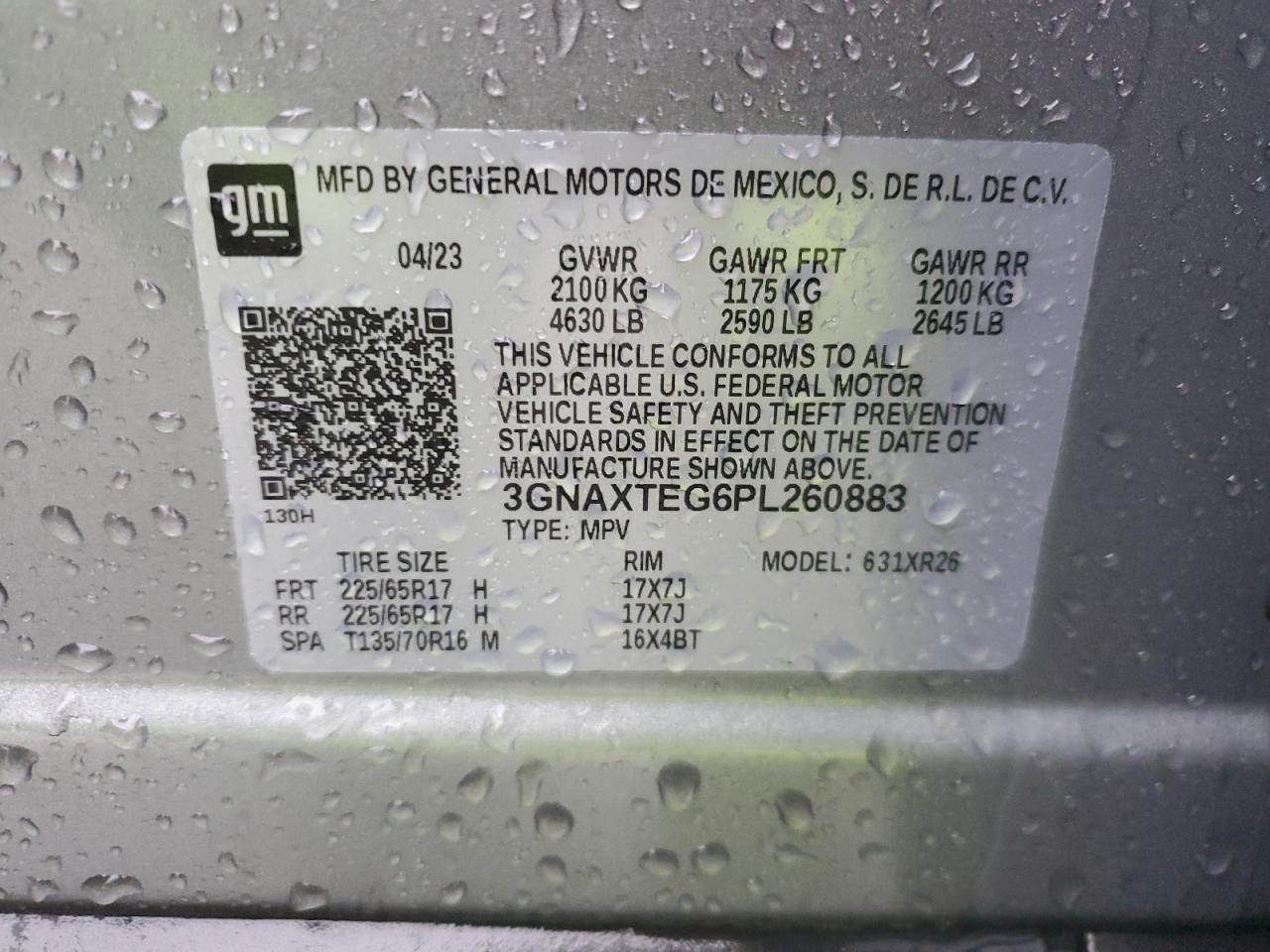 2023 CHEVROLET EQUINOX LT VIN:3GNAXTEG6PL260883