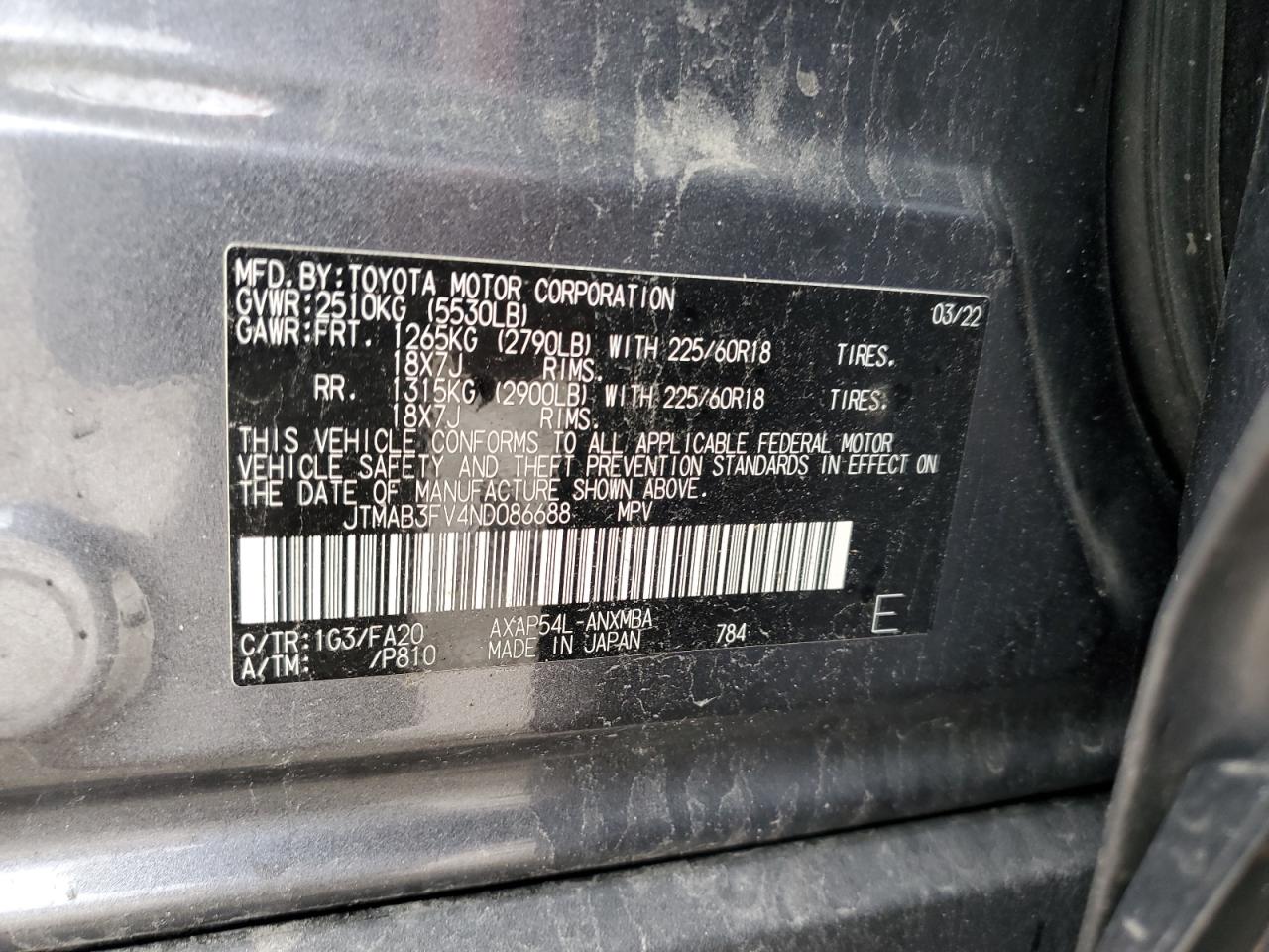 2022 TOYOTA RAV4 PRIME SE VIN:JTMAB3FV4ND086688
