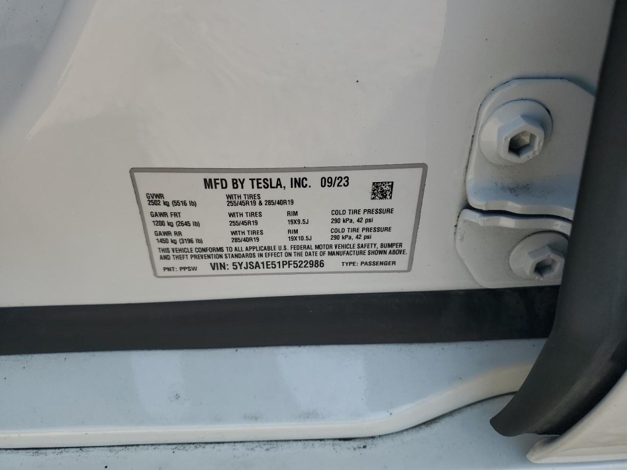2023 TESLA MODEL S VIN:5YJSA1E51PF522986