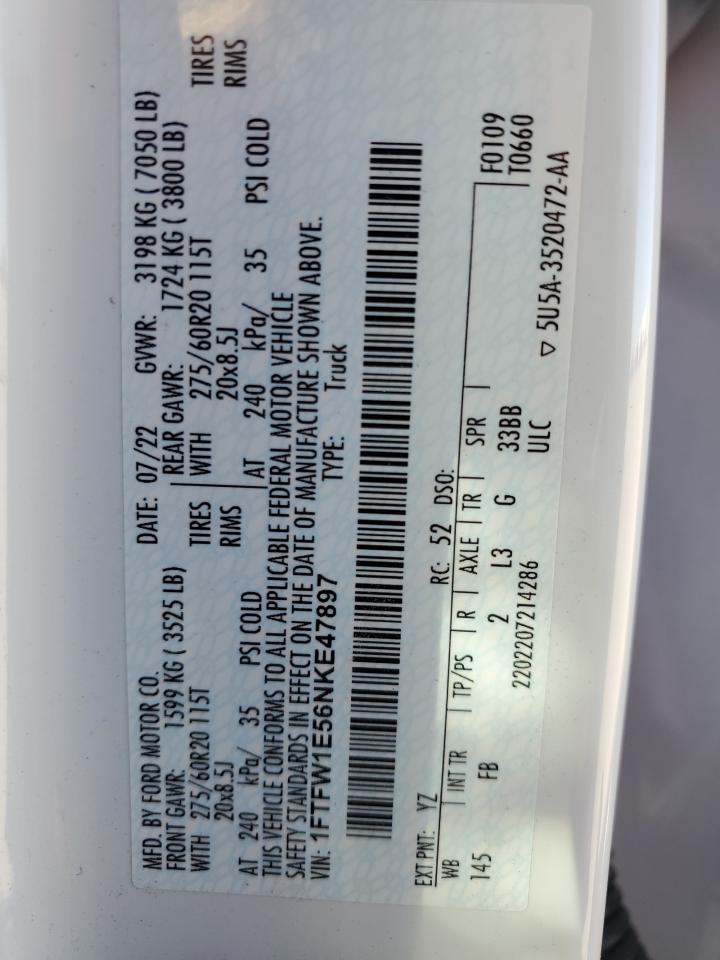 2022 FORD F150 SUPERCREW VIN:1FTFW1E56NKE47897