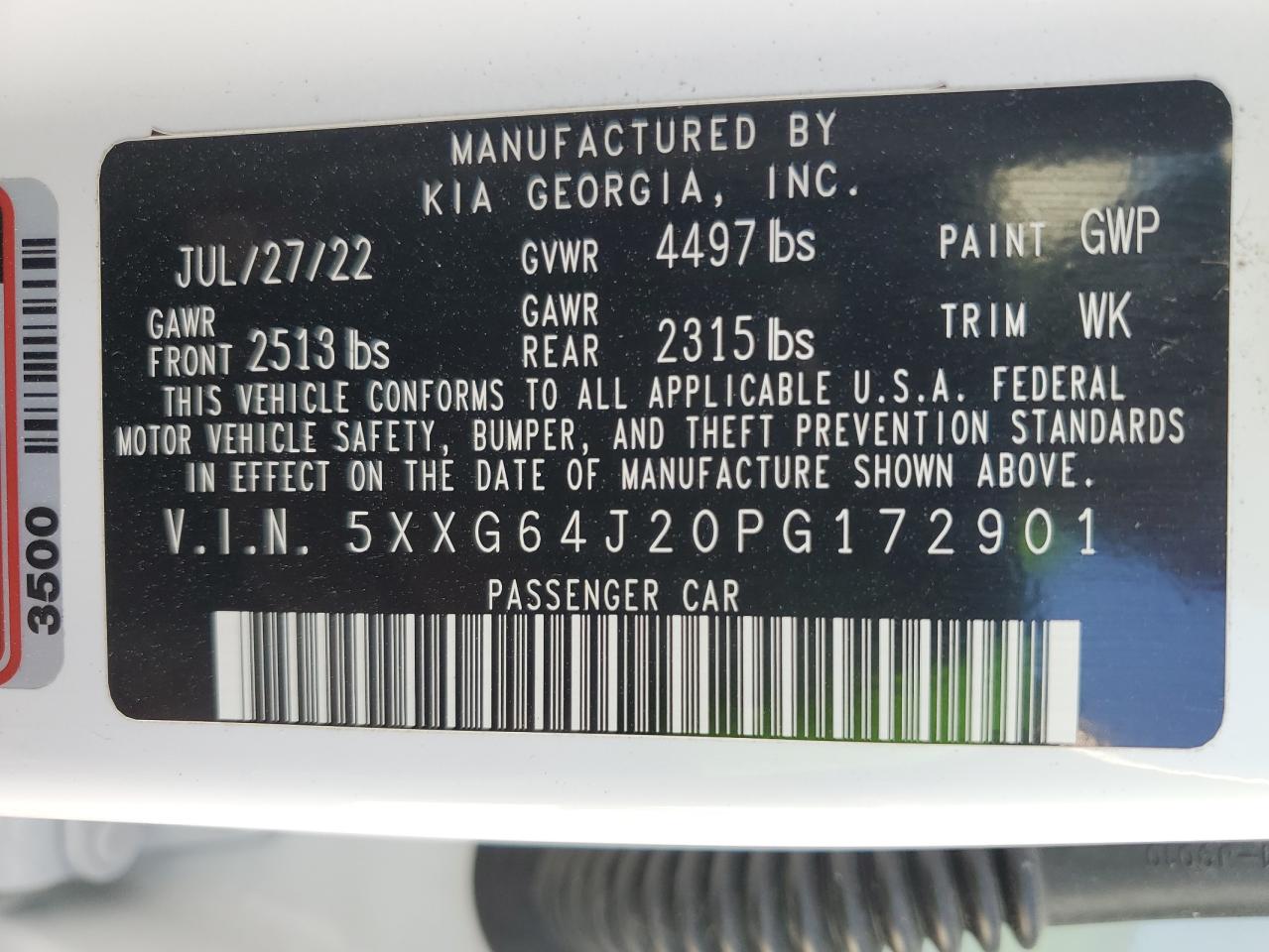 2023 KIA K5 GT LINE VIN:5XXG64J20PG172901