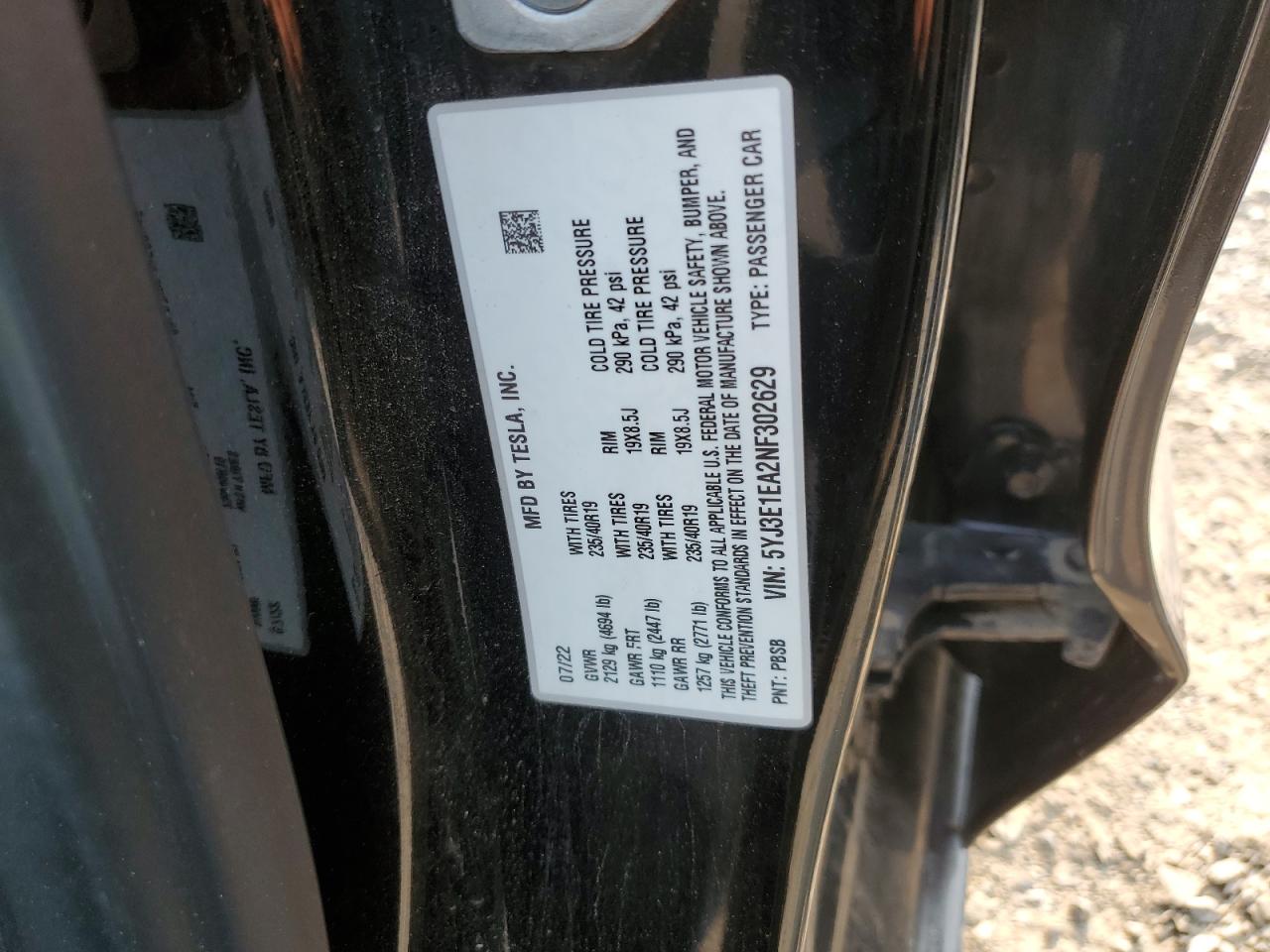 2022 TESLA MODEL 3 VIN:5YJ3E1EA2NF302629