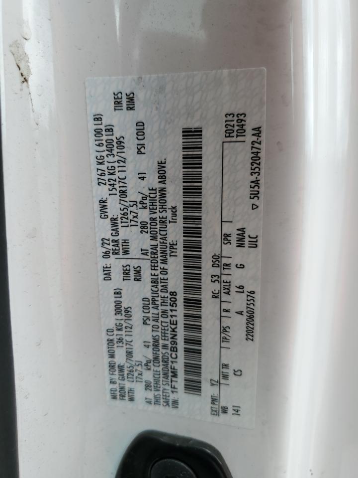 2022 FORD F150 VIN:1FTMF1CB9NKE11508