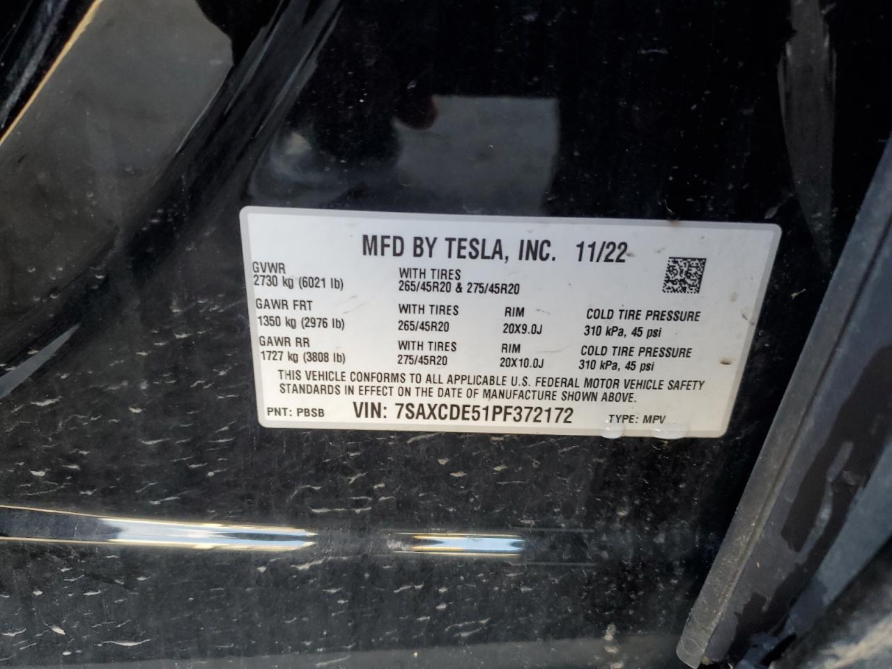 2023 TESLA MODEL X VIN:7SAXCDE51PF372172
