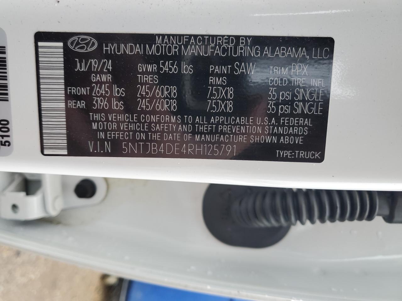 2024 HYUNDAI SANTA CRUZ SEL VIN:5NTJB4DE4RH125791