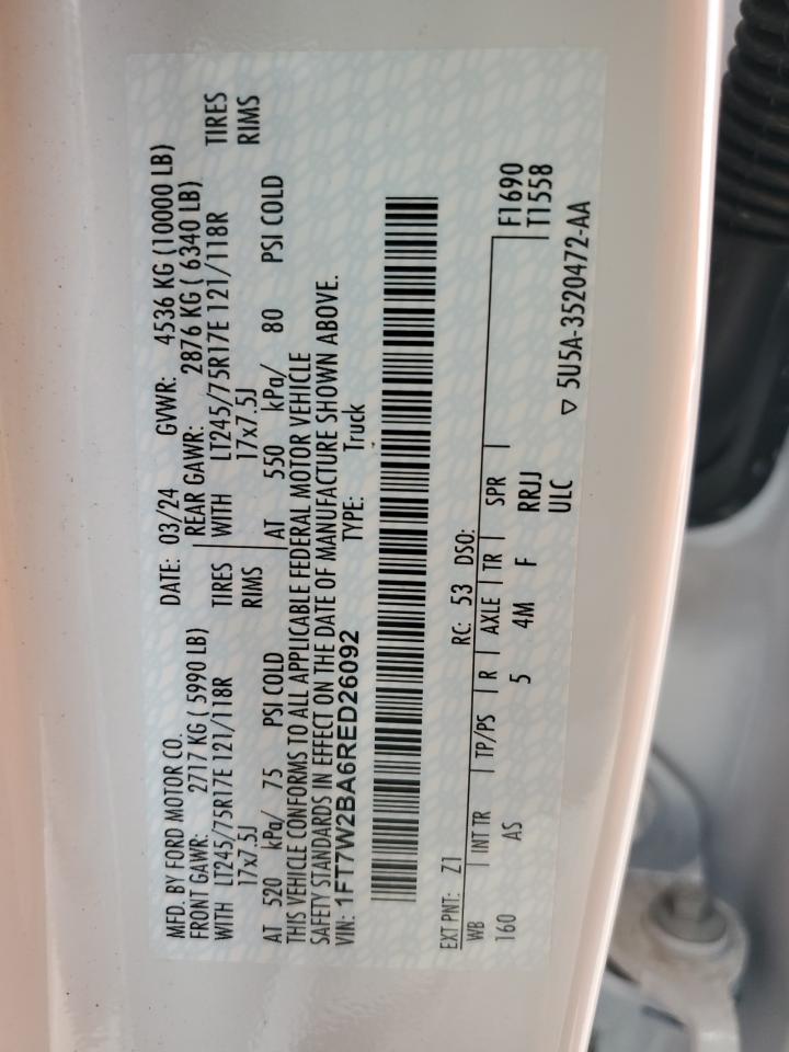 2024 FORD F250 SUPER DUTY VIN:1FT7W2BA6RED26092