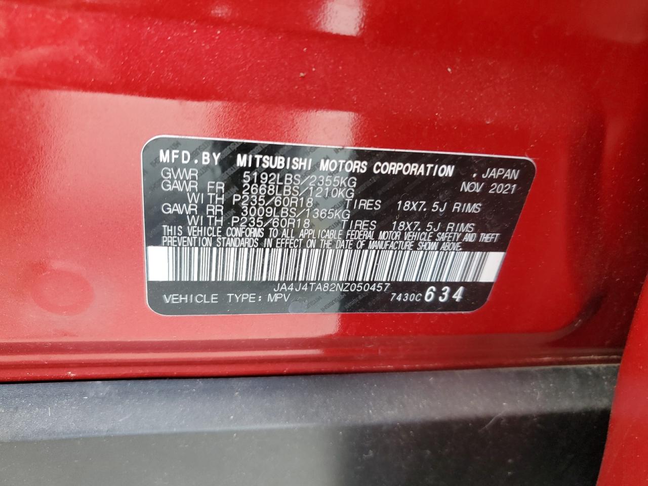 2022 MITSUBISHI OUTLANDER ES VIN:JA4J4TA82NZ050457