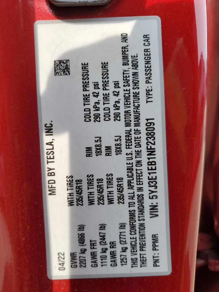 2022 TESLA MODEL 3 VIN:5YJ3E1EB1NF238091