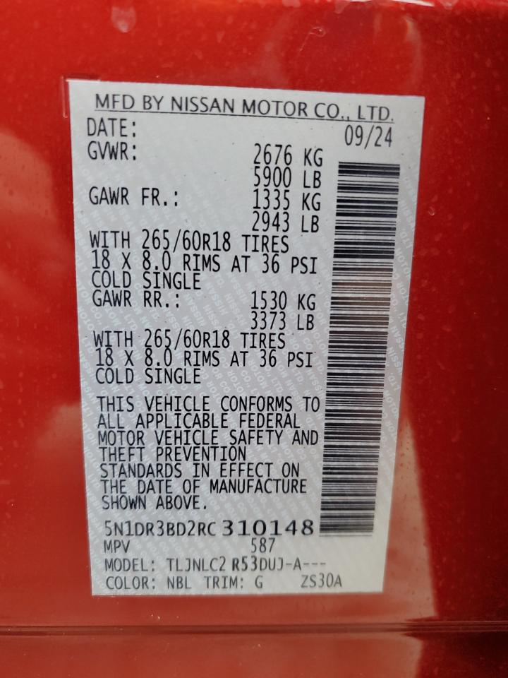 2024 NISSAN PATHFINDER ROCK CREEK VIN:5N1DR3BD2RC310148