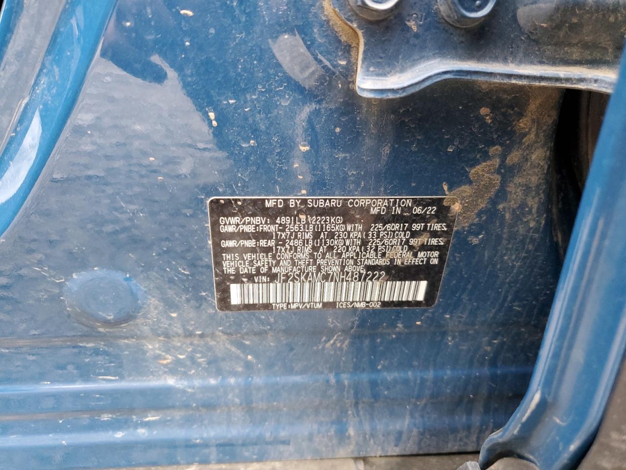 2022 SUBARU FORESTER WILDERNESS VIN:JF2SKAMC7NH487222