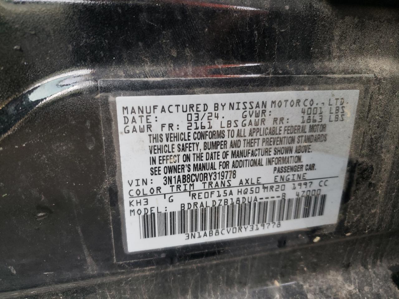 2024 NISSAN SENTRA SV VIN:3N1AB8CV0RY319778