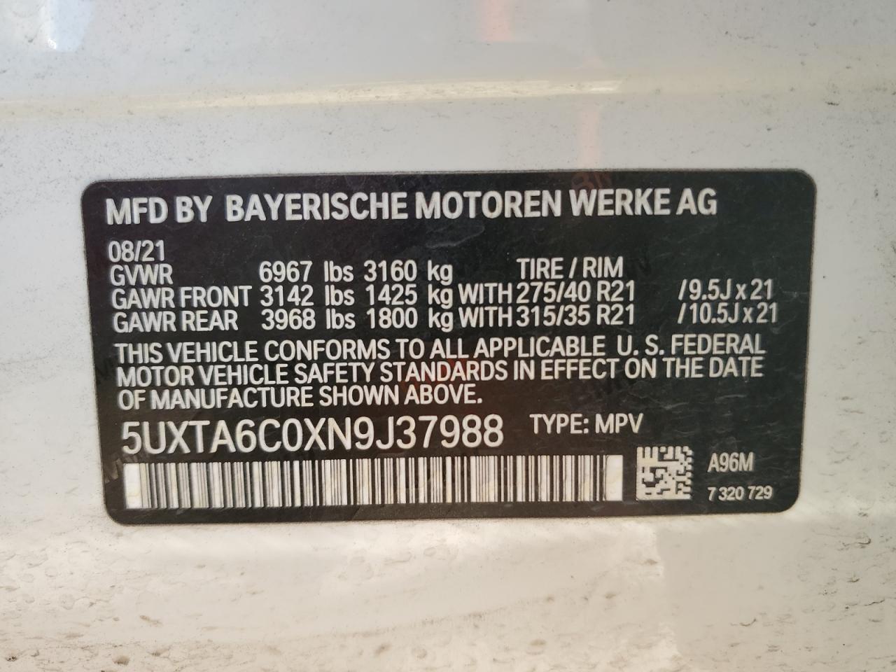 2022 BMW X5 XDRIVE45E VIN:5UXTA6C0XN9J37988