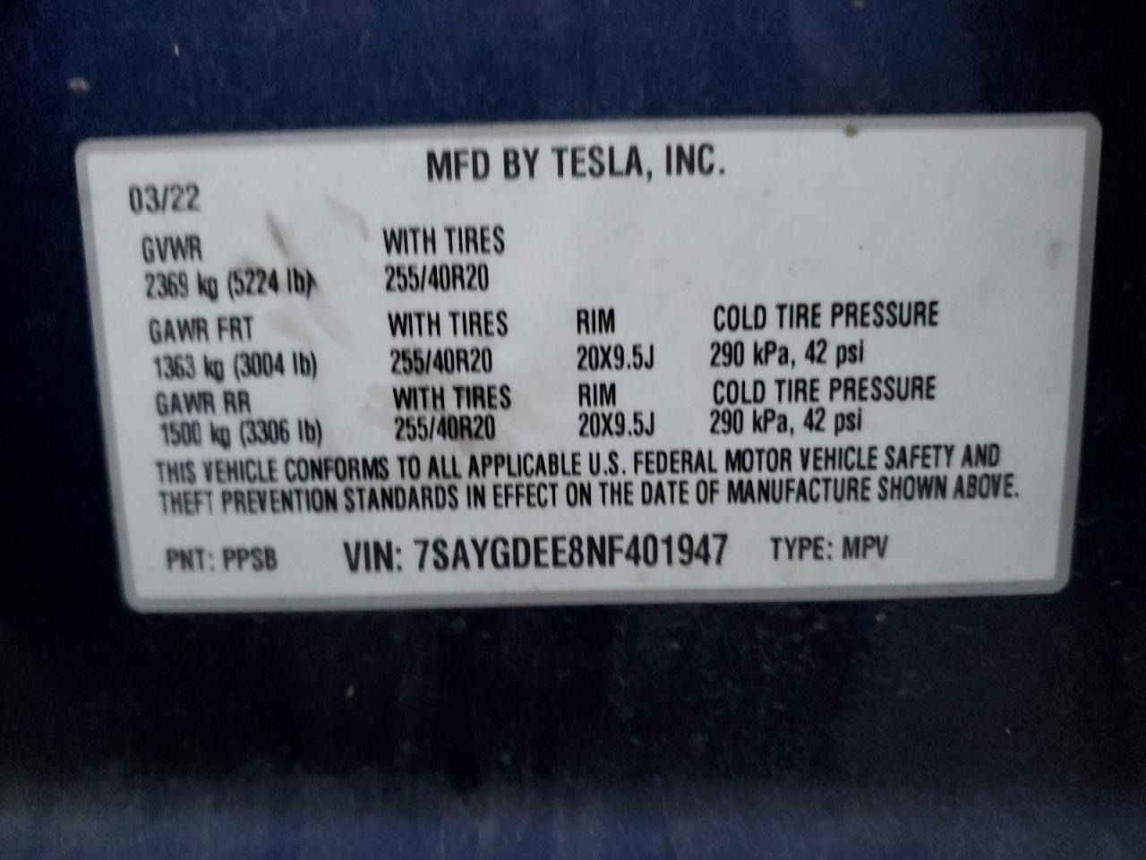 2022 TESLA MODEL Y VIN:7SAYGDEE8NF401947