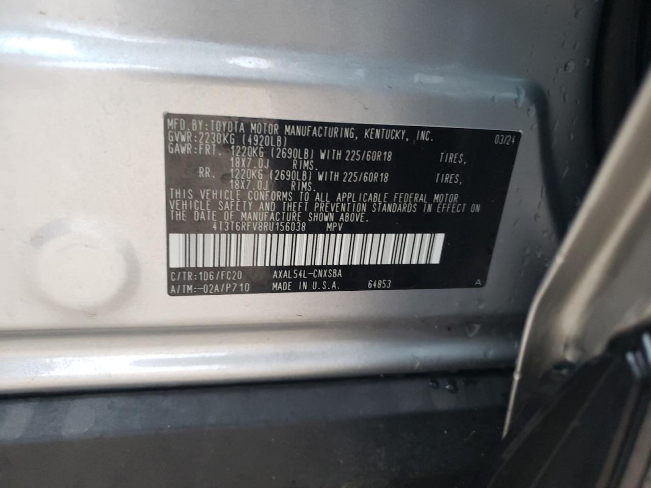 2024 TOYOTA RAV4 SE VIN:4T3T6RFV8RU156038