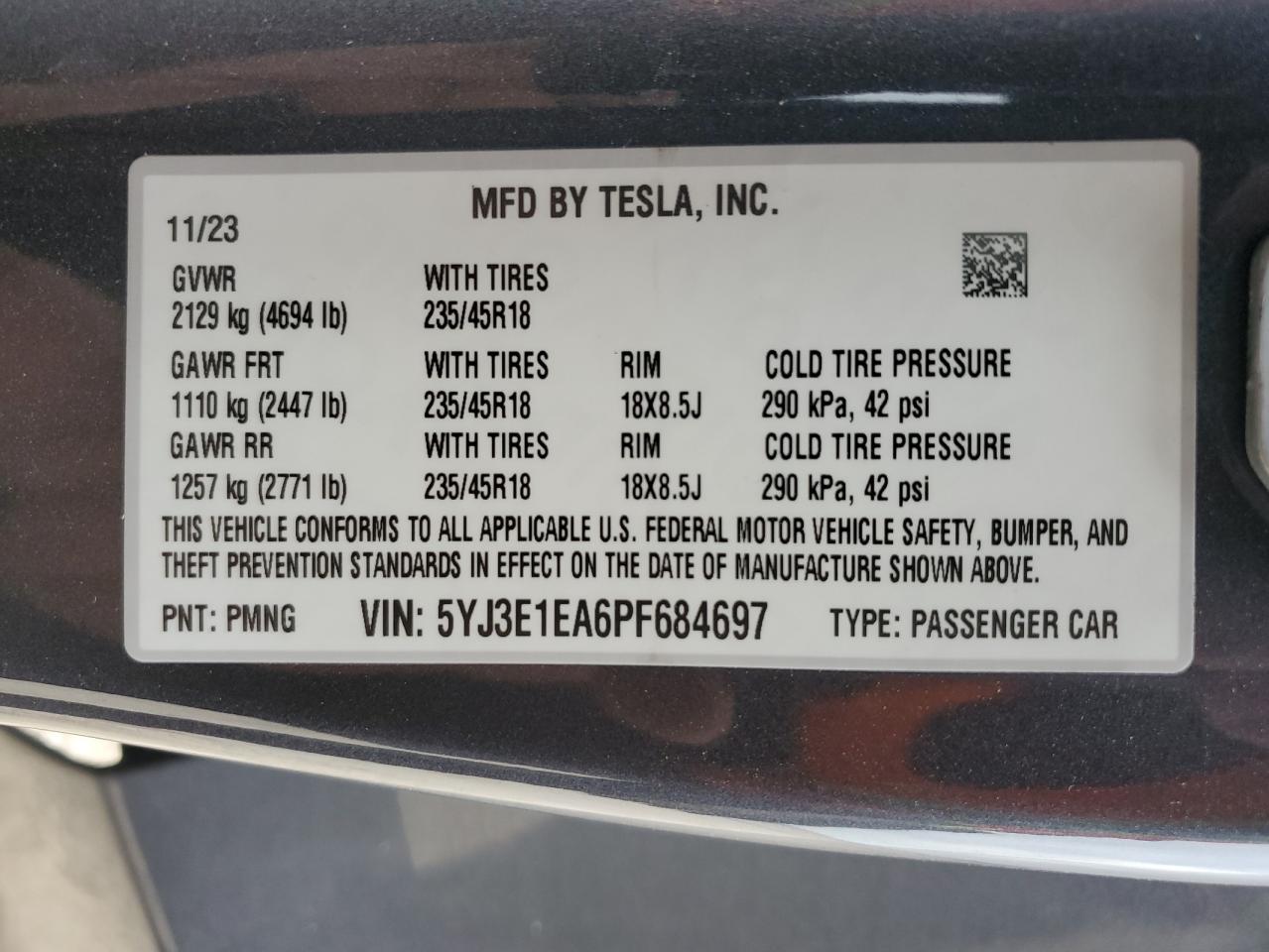 2023 TESLA MODEL 3 VIN:5YJ3E1EA6PF684697