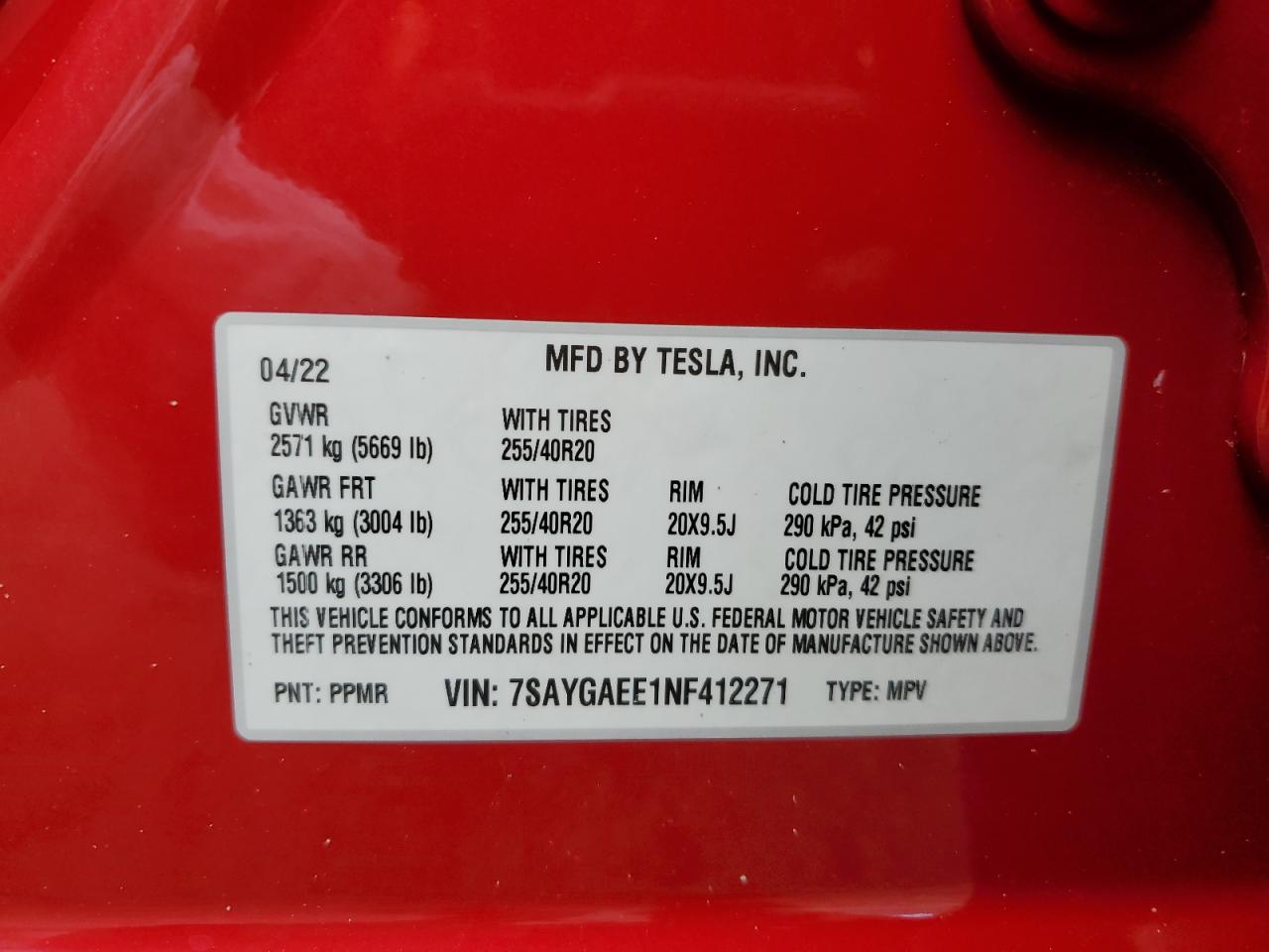2022 TESLA MODEL Y VIN:7SAYGAEE1NF412271