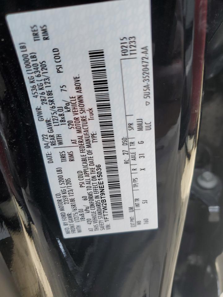 2022 FORD F250 SUPER DUTY VIN:1FT7W2BT9NEE15036