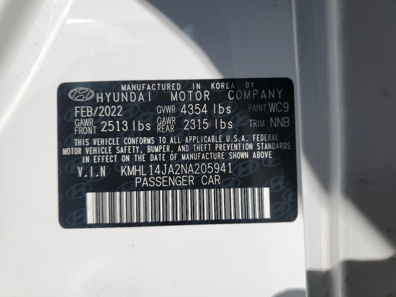 2022 HYUNDAI SONATA SEL VIN:KMHL14JA2NA205941