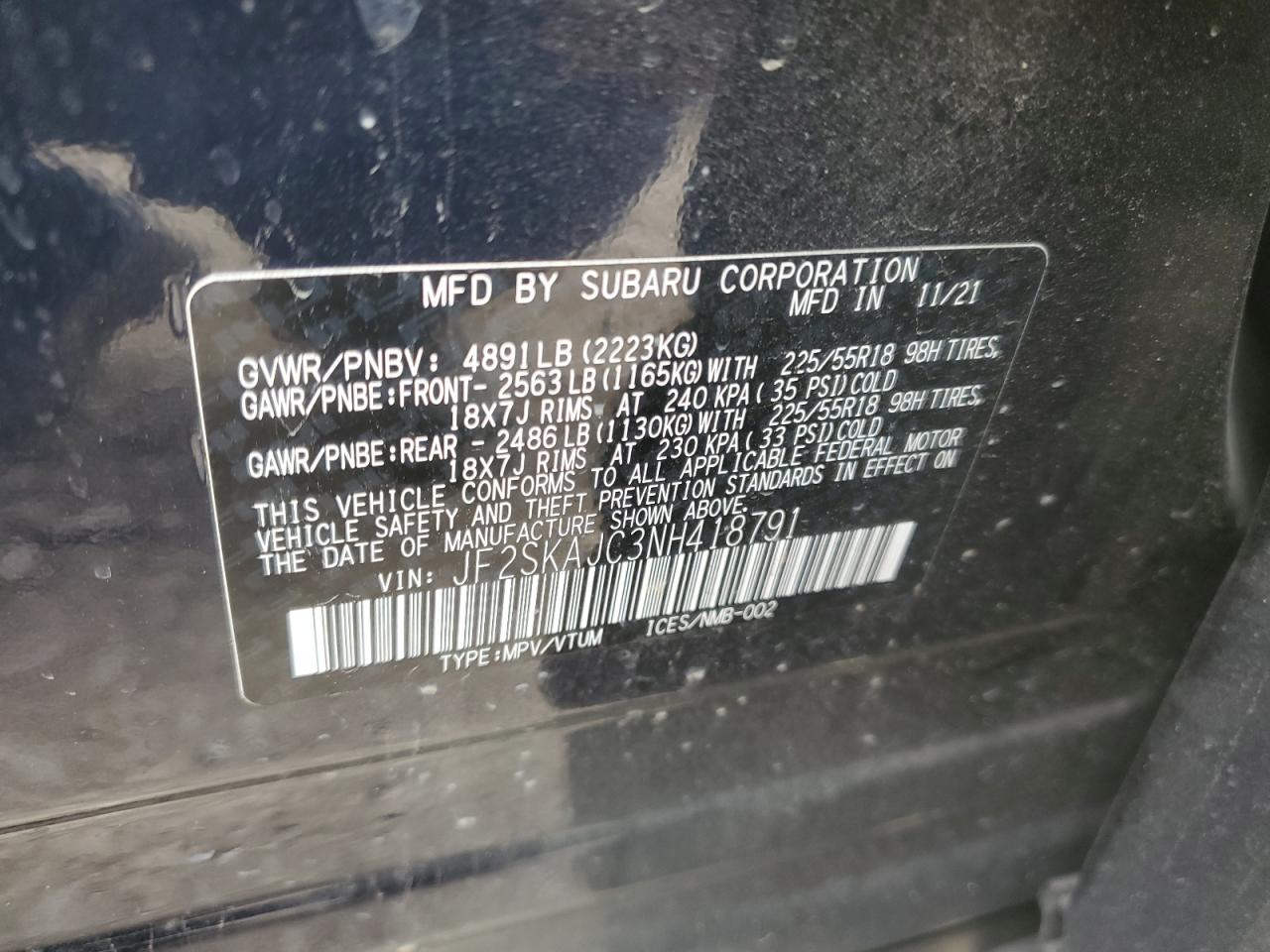 2022 SUBARU FORESTER SPORT VIN:JF2SKAJC3NH418791