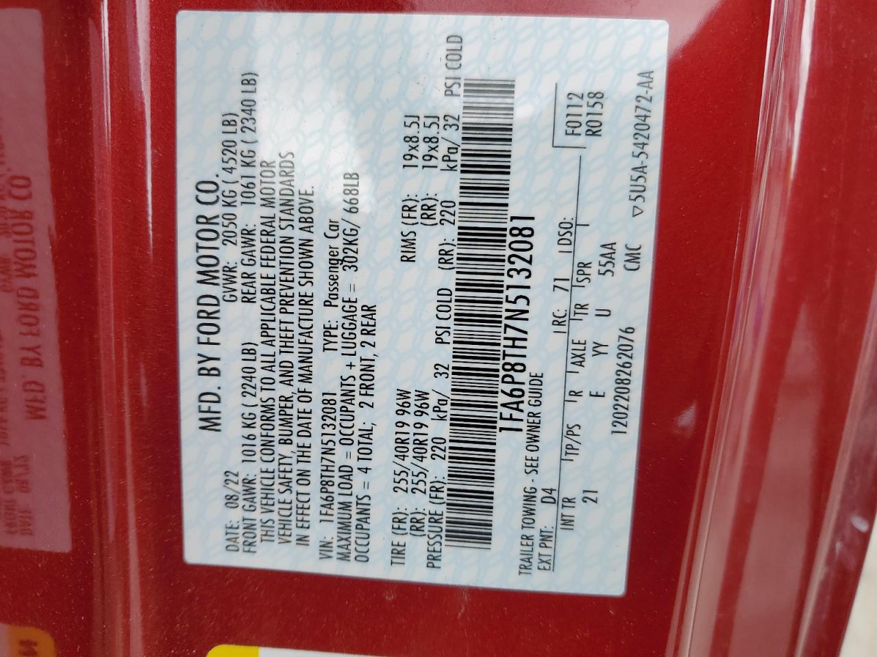 2022 FORD MUSTANG VIN:1FA6P8TH7N5132081