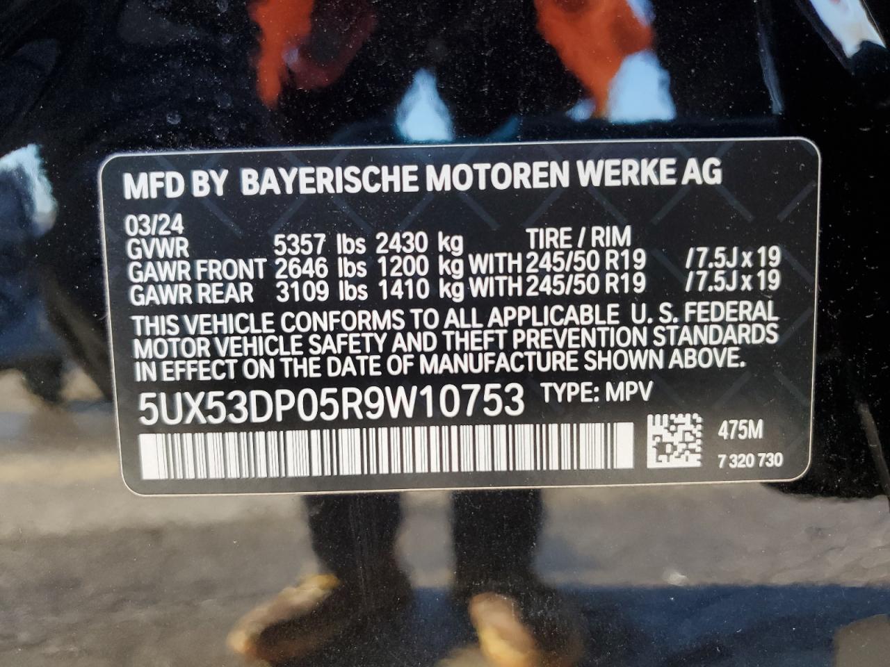 2024 BMW X3 XDRIVE30I VIN:5UX53DP05R9W10753