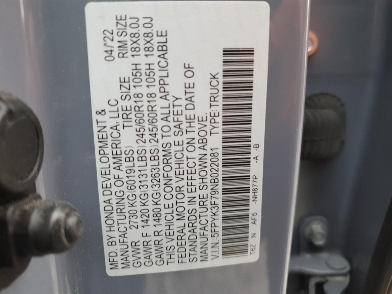 2022 HONDA RIDGELINE RTL VIN:5FPYK3F79NB022081