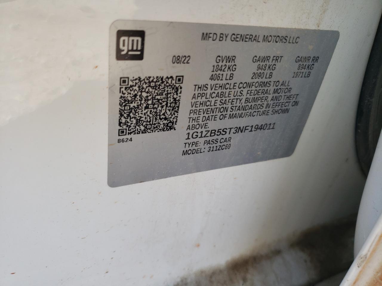 2022 CHEVROLET MALIBU LS VIN:1G1ZB5ST3NF194011