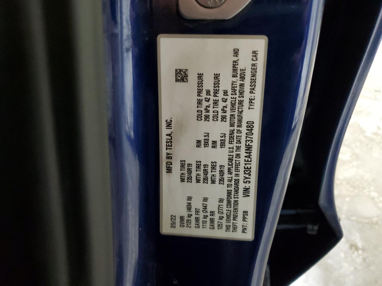 2022 TESLA MODEL 3 VIN:5YJ3E1EA4NF370480