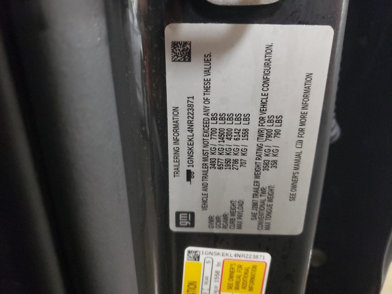 2022 CHEVROLET SUBURBAN K1500 RST VIN:1GNSKEKL4NR223871