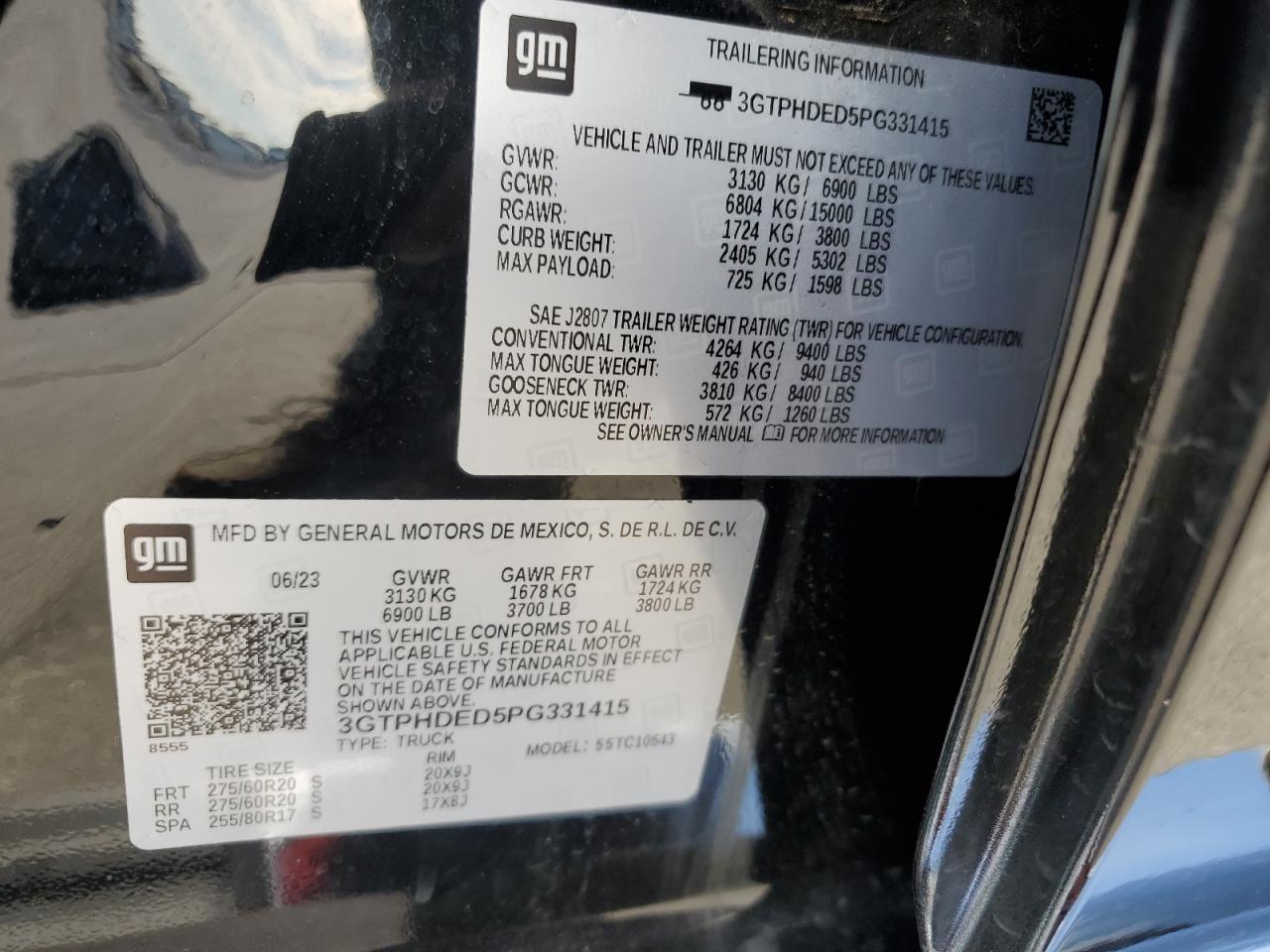 2023 GMC SIERRA C1500 SLT VIN:3GTPHDED5PG331415