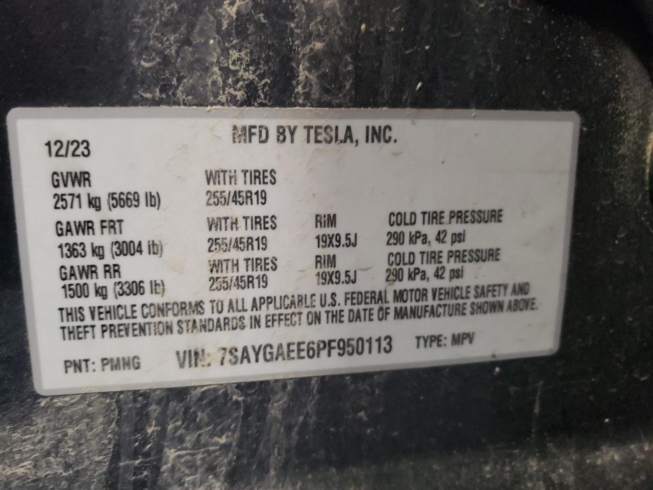 2023 TESLA MODEL Y VIN:7SAYGAEE6PF950113