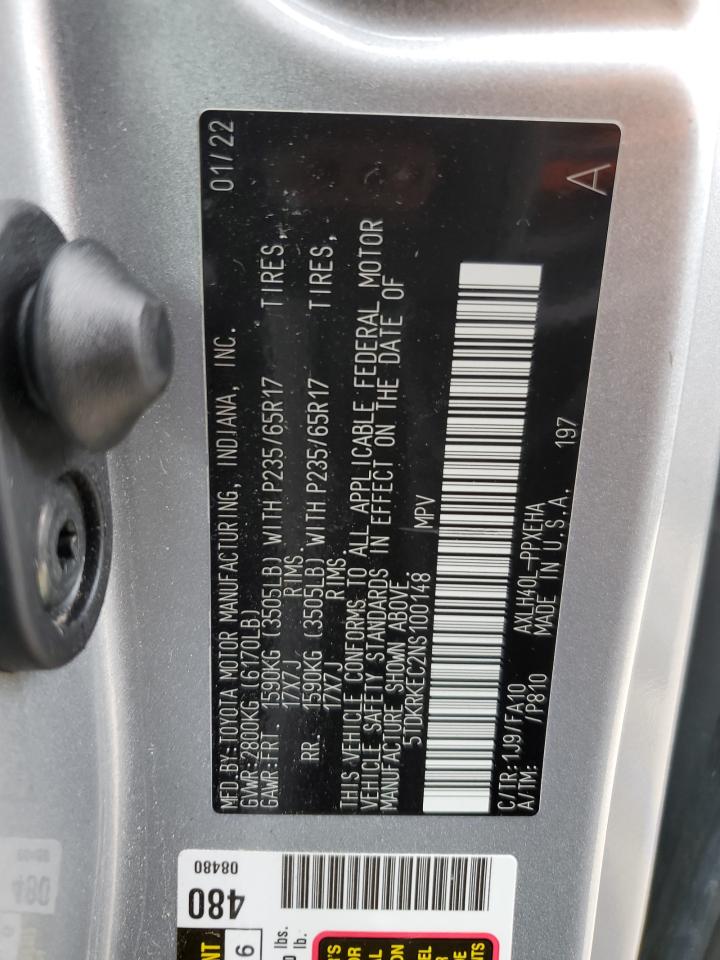 2022 TOYOTA SIENNA LE VIN:5TDKRKEC2NS100148