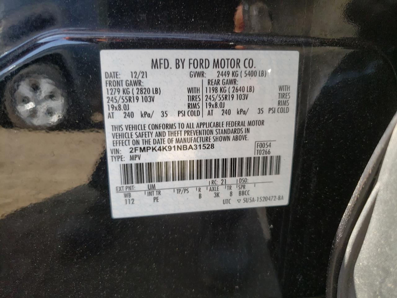 2022 FORD EDGE TITANIUM VIN:2FMPK4K91NBA31528