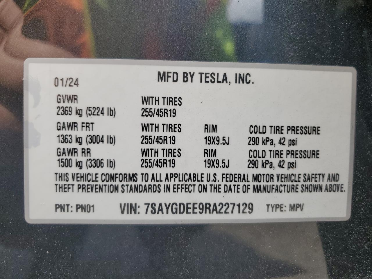 2024 TESLA MODEL Y VIN:7SAYGDEE9RA227129