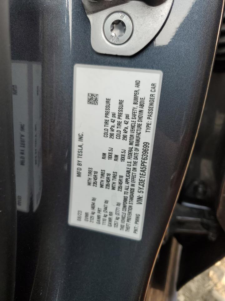 2023 TESLA MODEL 3 VIN:5YJ3E1EA5PF639699