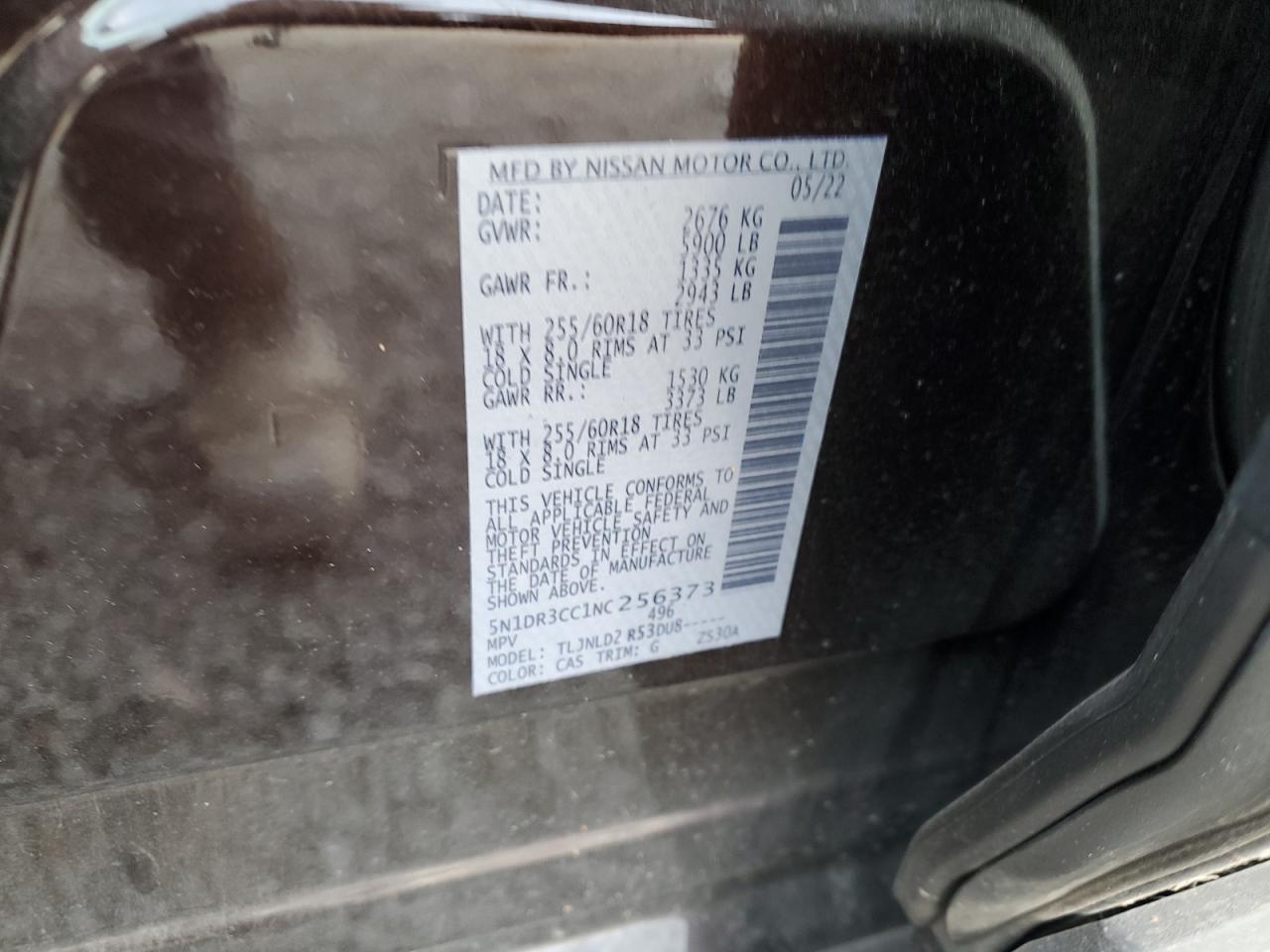 2022 NISSAN PATHFINDER SL VIN:5N1DR3CC1NC256373