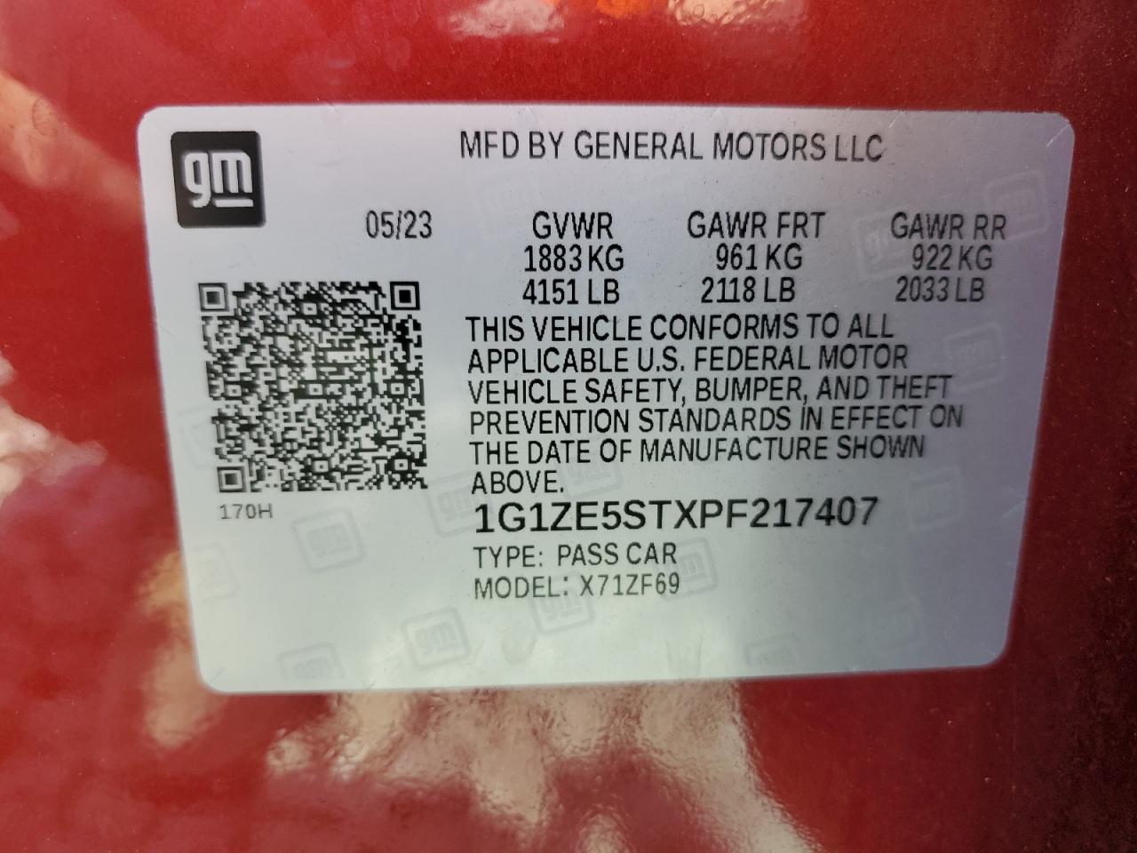 2023 CHEVROLET MALIBU PREMIER VIN:1G1ZE5STXPF217407