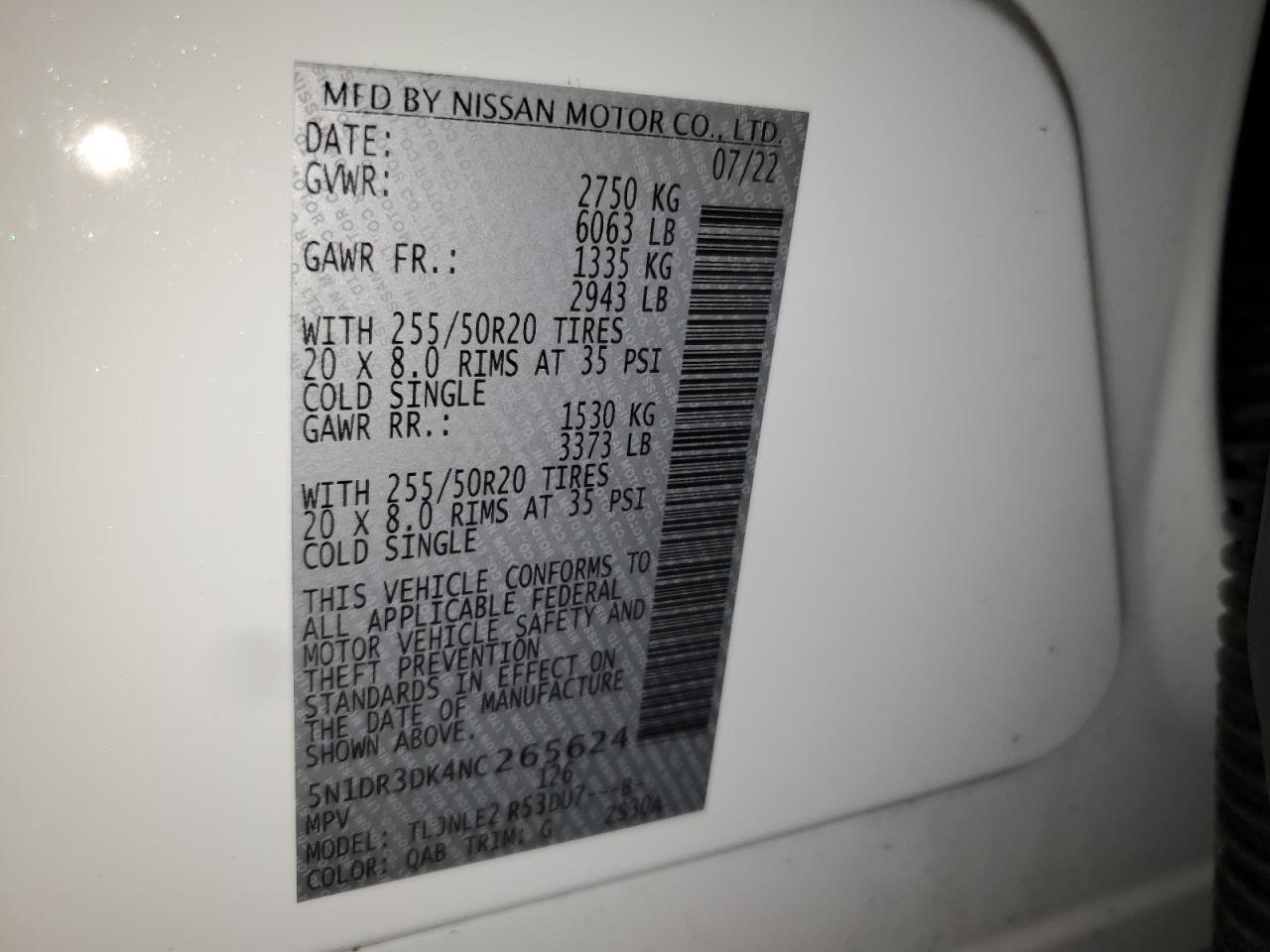 2022 NISSAN PATHFINDER PLATINUM VIN:5N1DR3DK4NC265624
