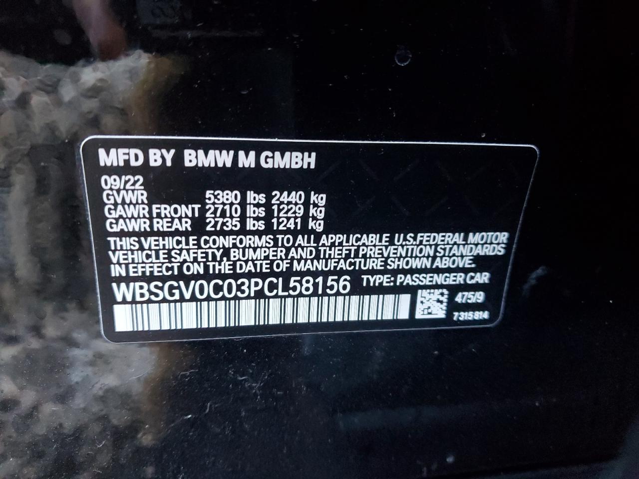 2023 BMW M8 VIN:WBSGV0C03PCL58156