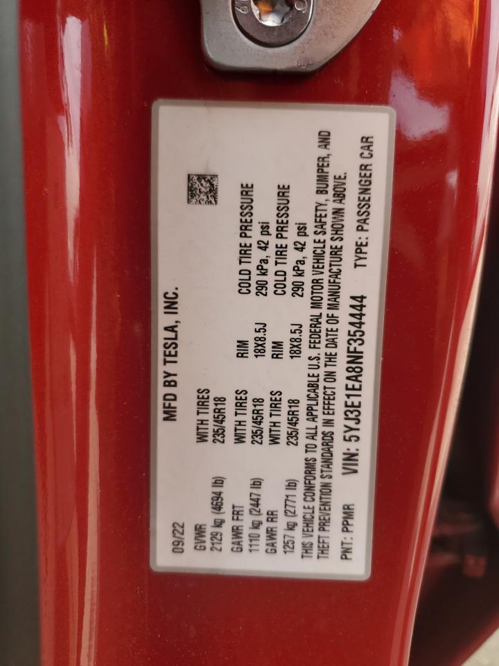 2022 TESLA MODEL 3 VIN:5YJ3E1EA8NF354444