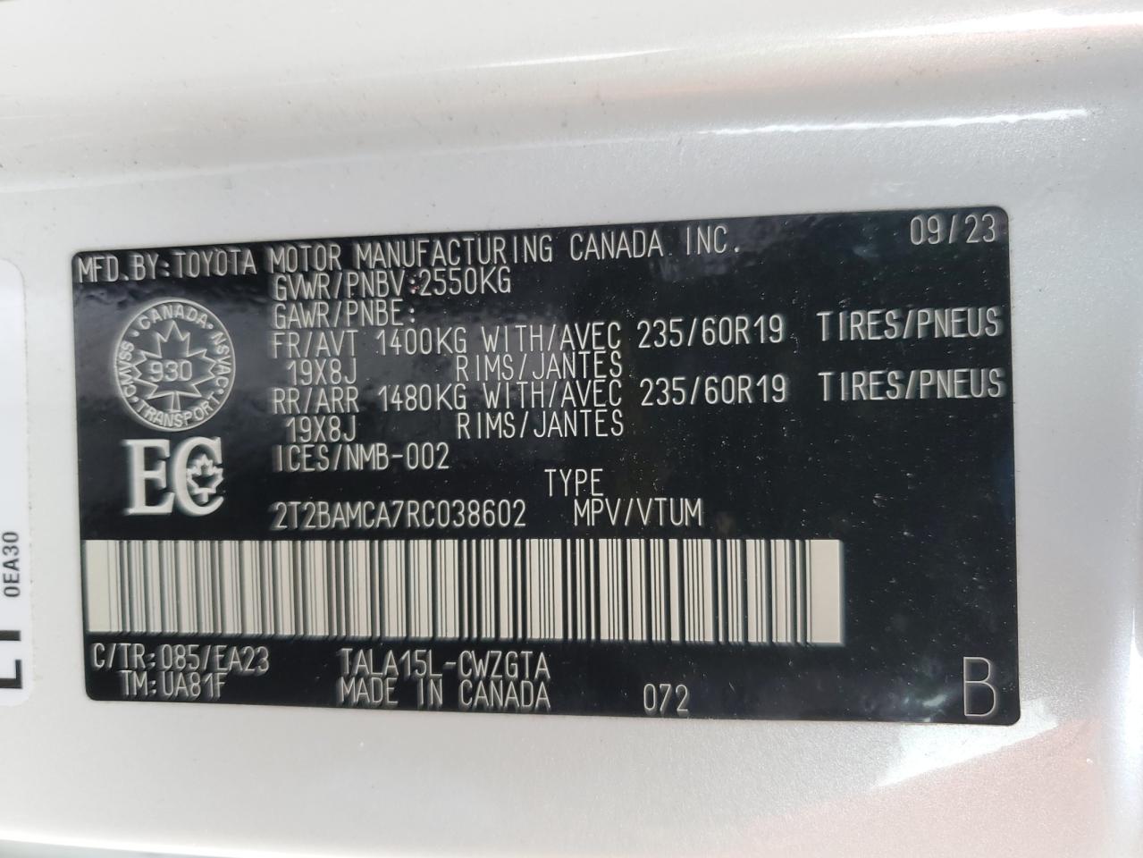 2024 LEXUS RX 350 BASE VIN:2T2BAMCA7RC038602