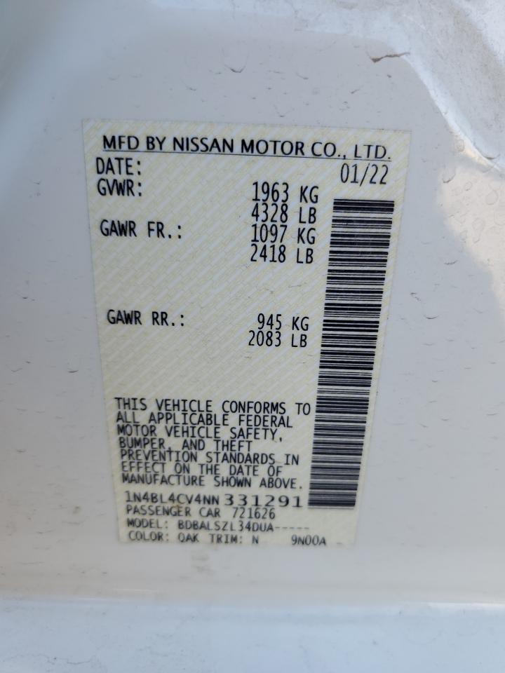 2022 NISSAN ALTIMA SR VIN:1N4BL4CV4NN331291