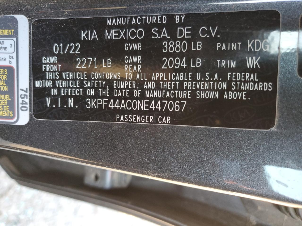 2022 KIA FORTE GT VIN:3KPF44AC0NE447067