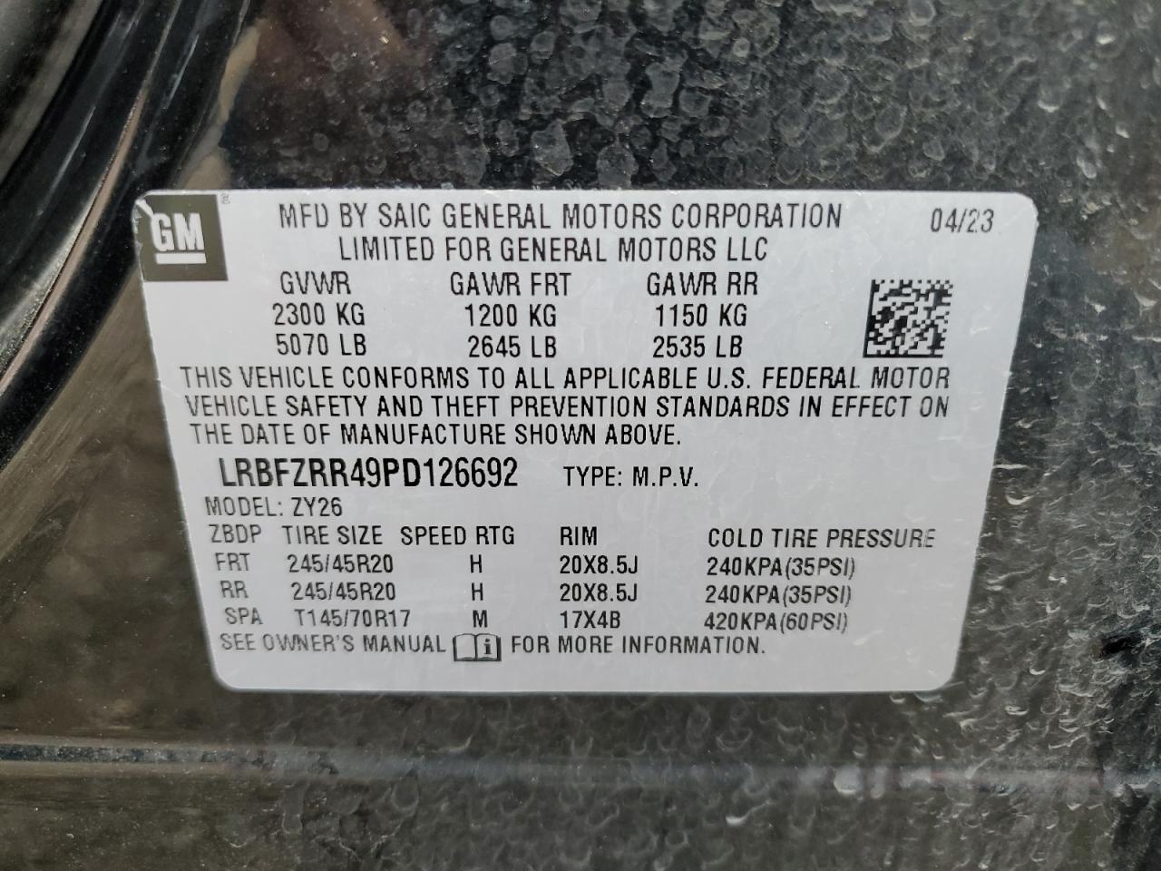 2023 BUICK ENVISION AVENIR VIN:LRBFZRR49PD126692