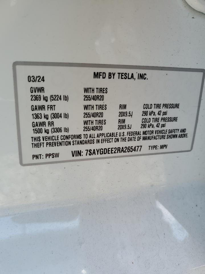 2024 TESLA MODEL Y VIN:7SAYGDEE2RA265477