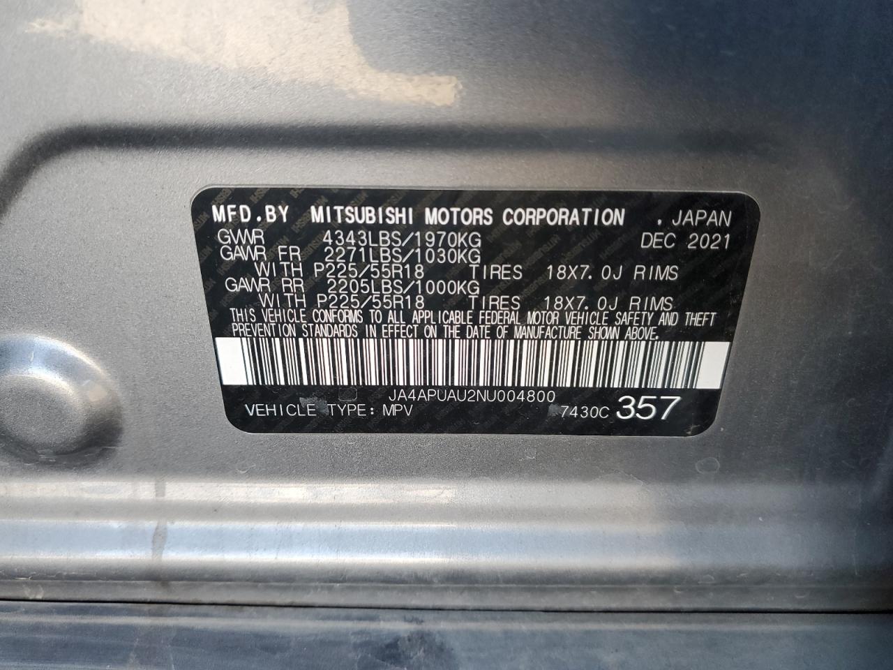 2022 MITSUBISHI OUTLANDER SPORT ES VIN:JA4APUAU2NU004800