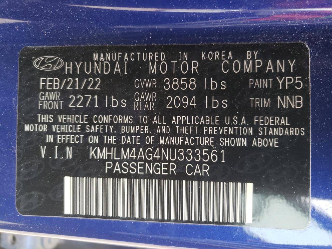 2022 HYUNDAI ELANTRA SEL VIN:KMHLM4AG4NU333561