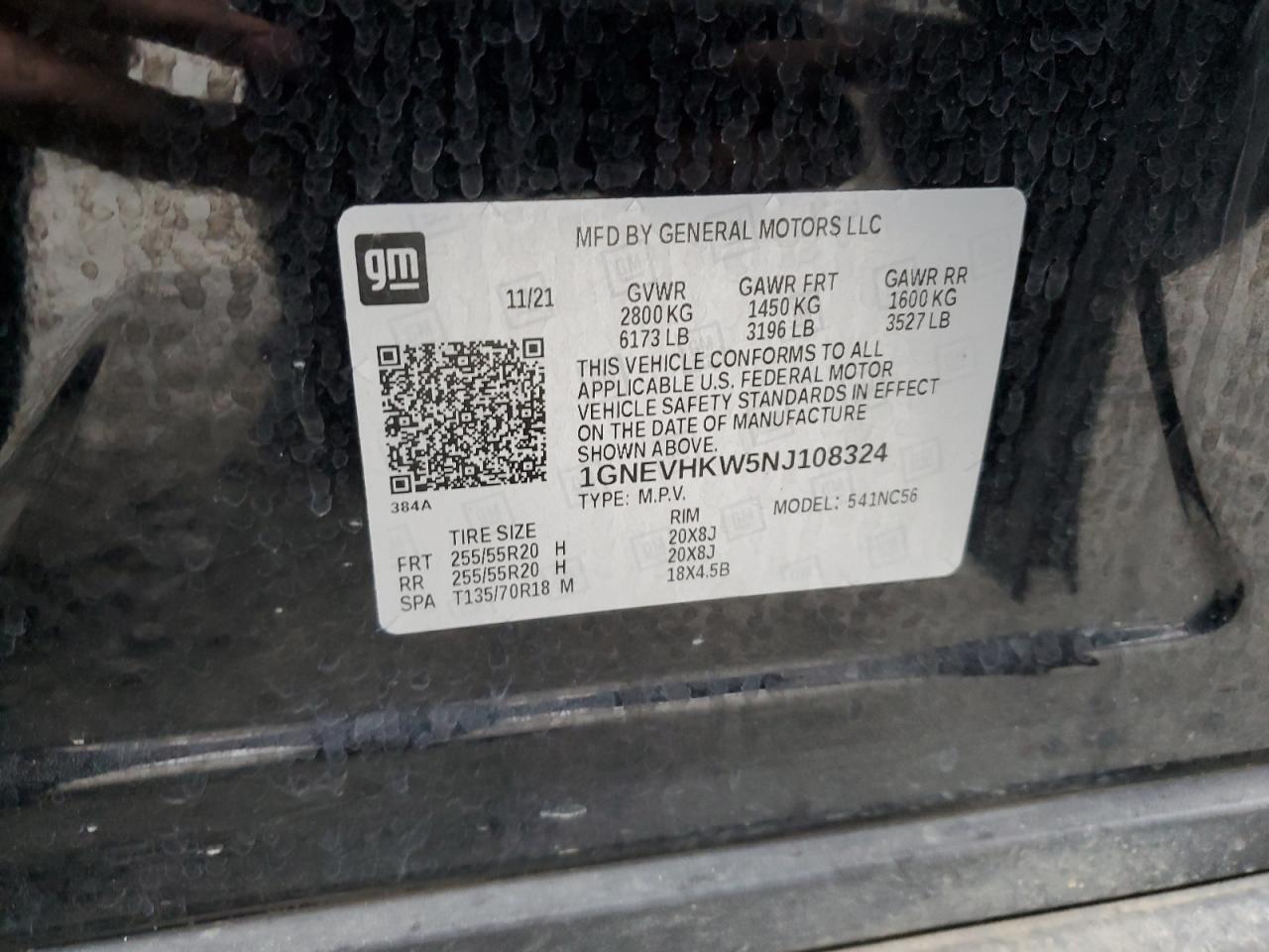 2022 CHEVROLET TRAVERSE LT VIN:1GNEVHKW5NJ108324