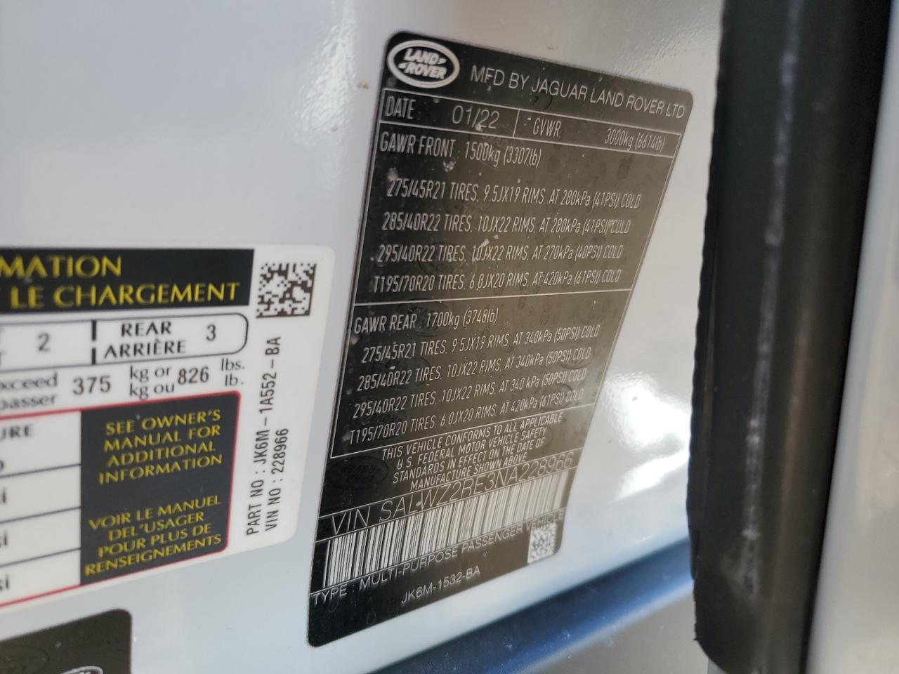 2022 LAND ROVER RANGE ROVER SPORT SVR VIN:SALWZ2RE3NA228966